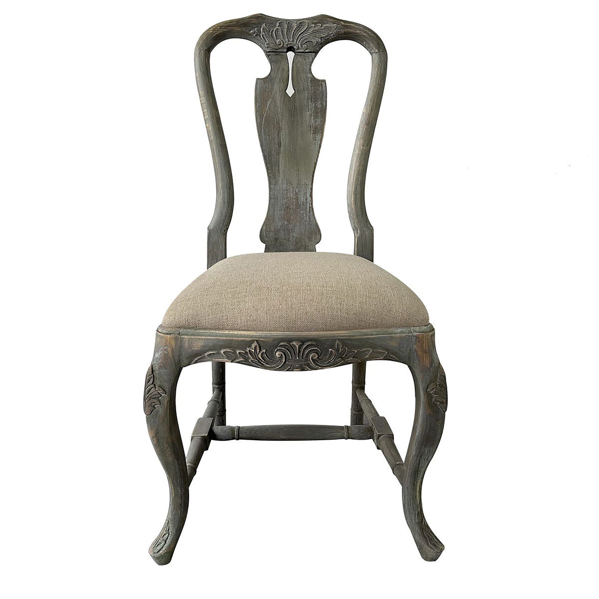 A distressed gray wooden dining chair with a carved backrest and a light beige upholstered seat, shown against a plain white background with a model number text overlay at the bottom.