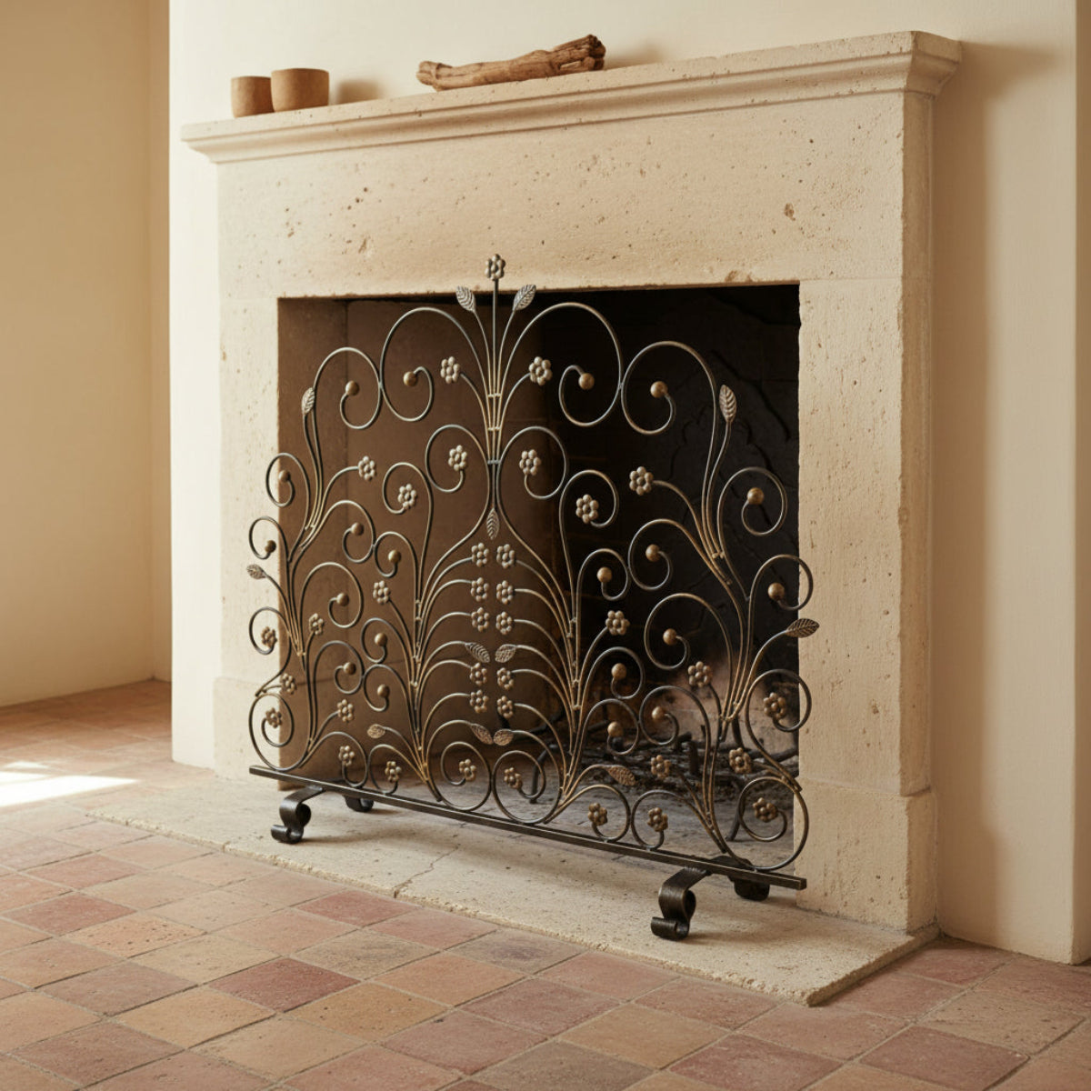 Art Nouveau Floral Iron Fireplace Screen