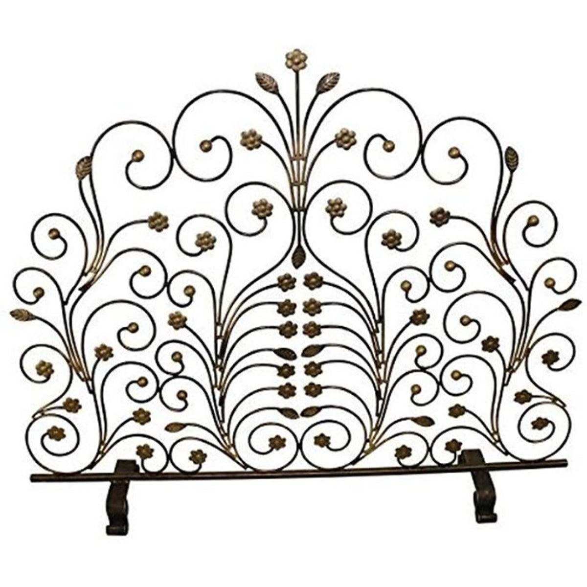 Decorative metal headboard with floral and scroll designs on a white background