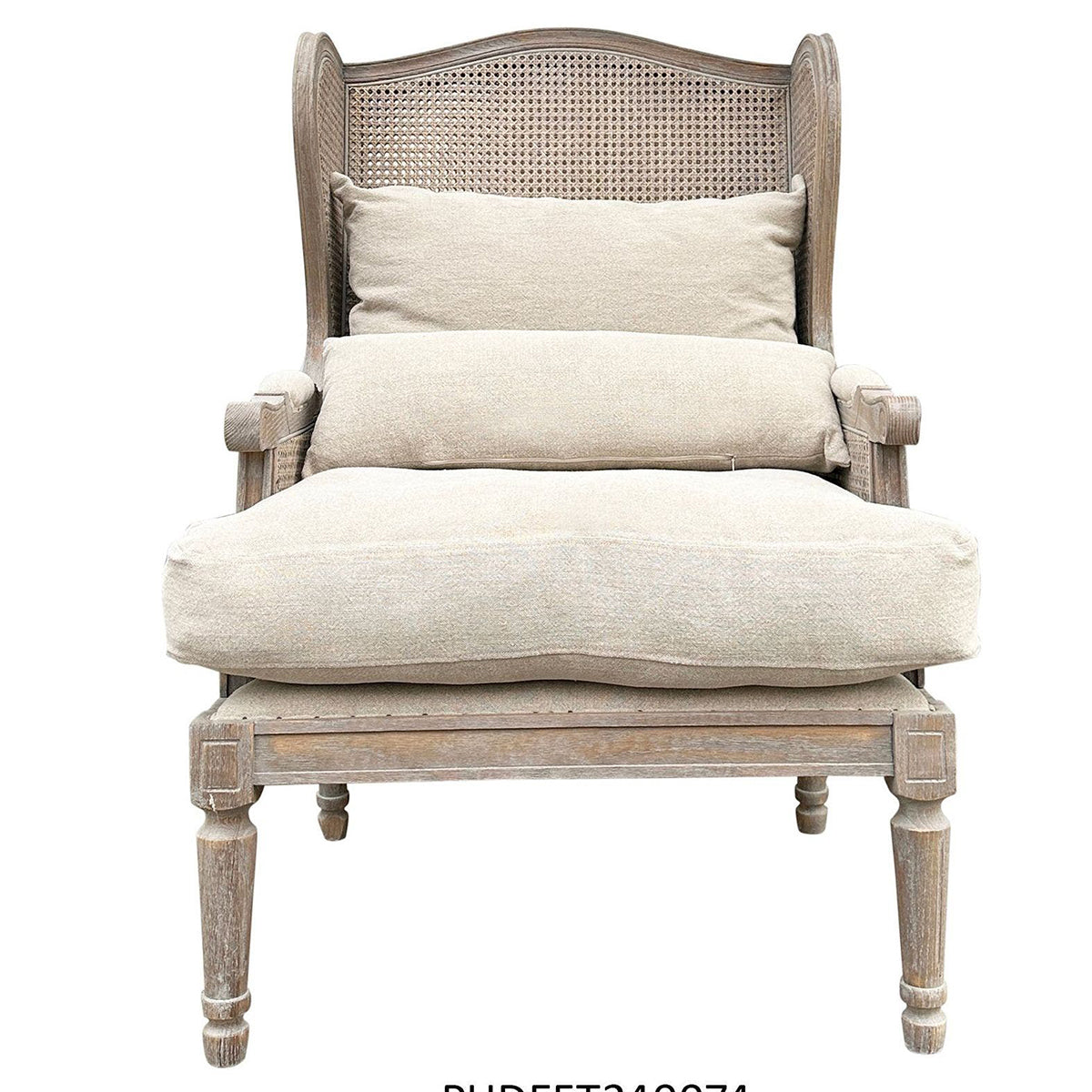 A classic wingback armchair with a distressed gray wood frame and a beige woven cane backrest, styled with two matching beige seat cushions, shown against a plain white background.