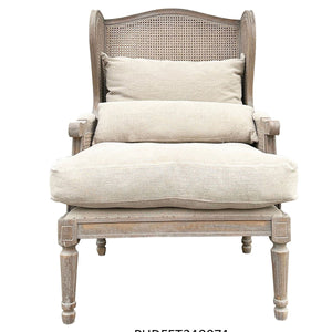 A classic wingback armchair with a distressed gray wood frame and a beige woven cane backrest, styled with two matching beige seat cushions, shown against a plain white background.