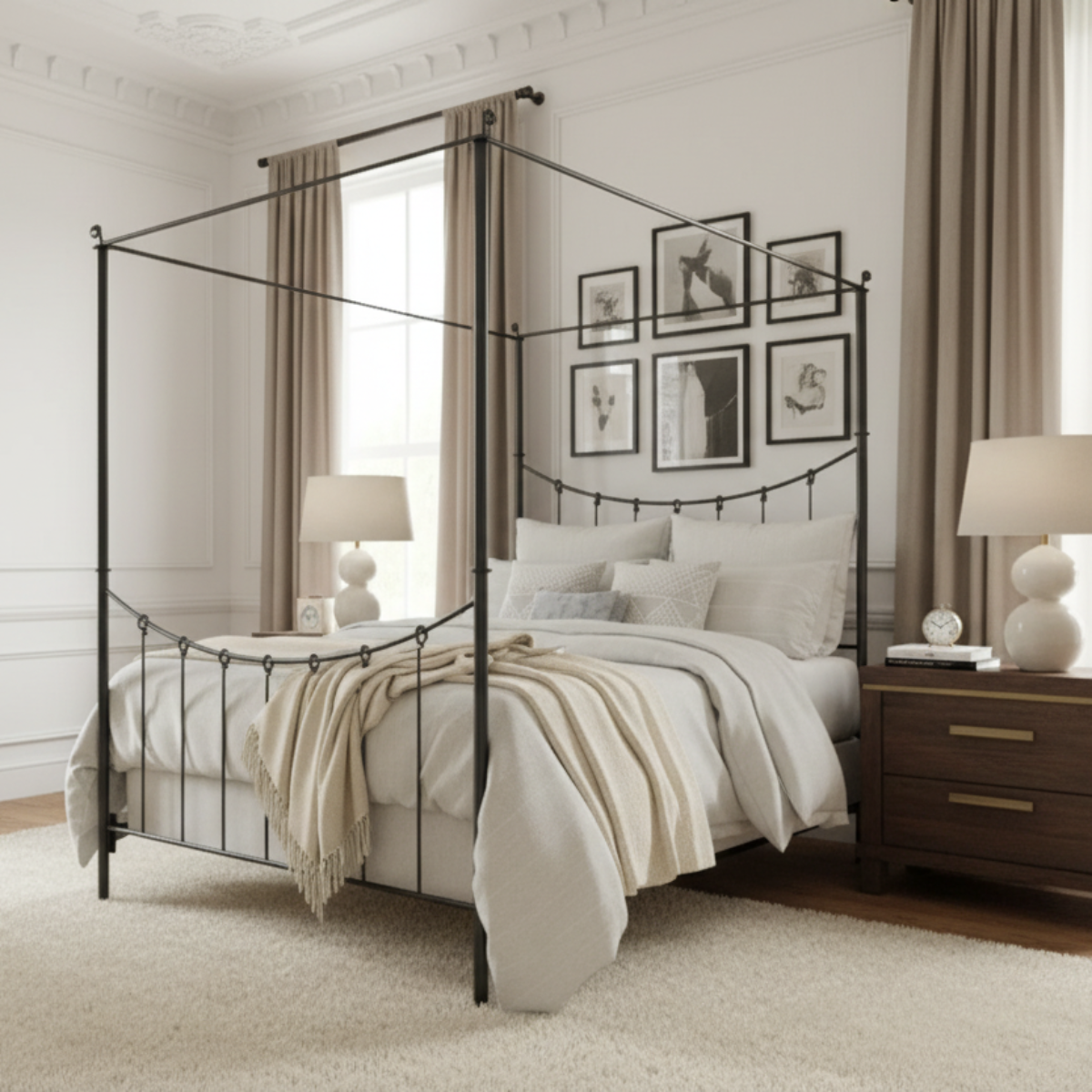 A canopy bed with a metal frame, featuring a headboard and footboard, in a room with a wooden floor and a textured wall.
