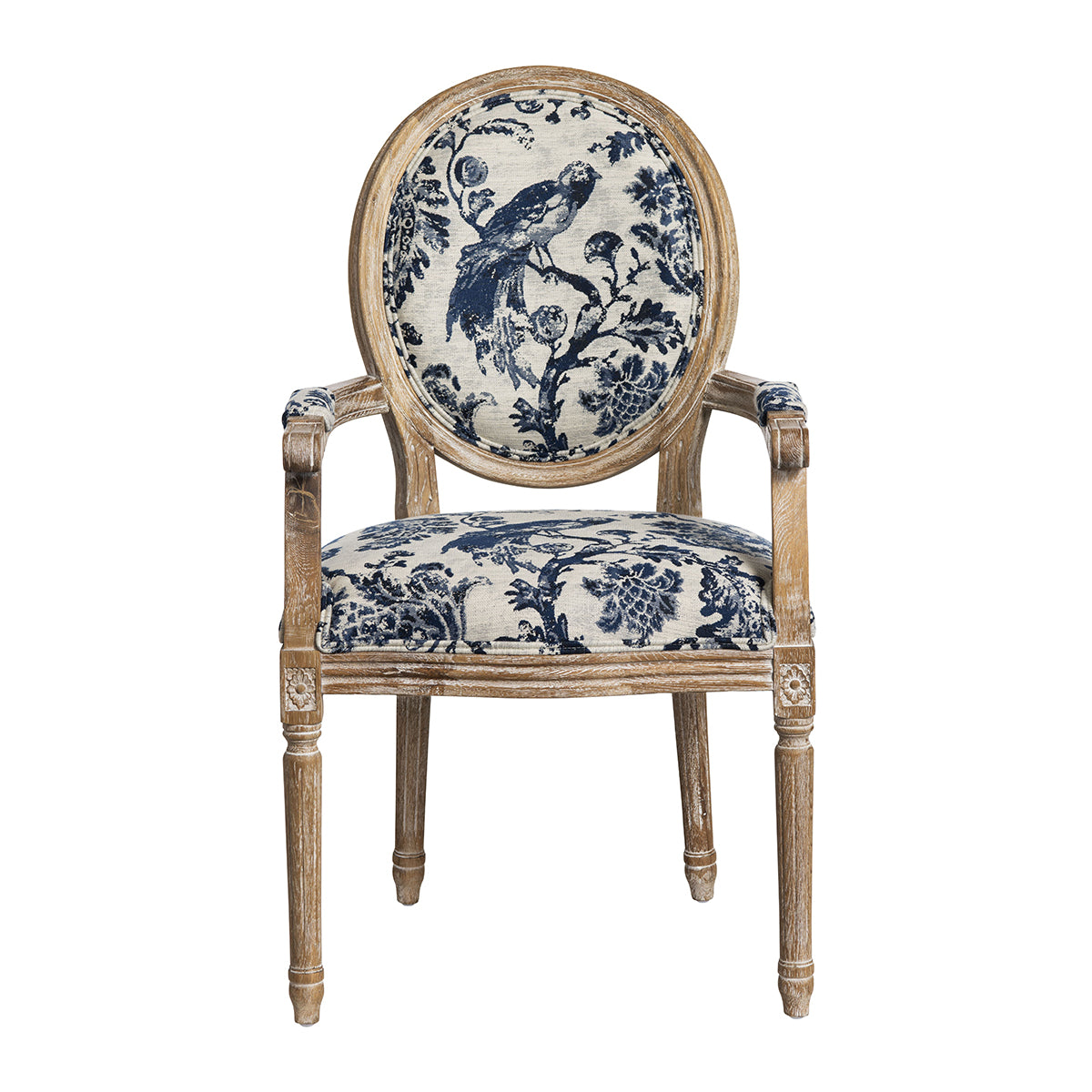 A classic French-style wooden armchair with a distressed finish, featuring blue and cream floral and bird motifs on the upholstered backrest and seat cushion, set against a plain white background.