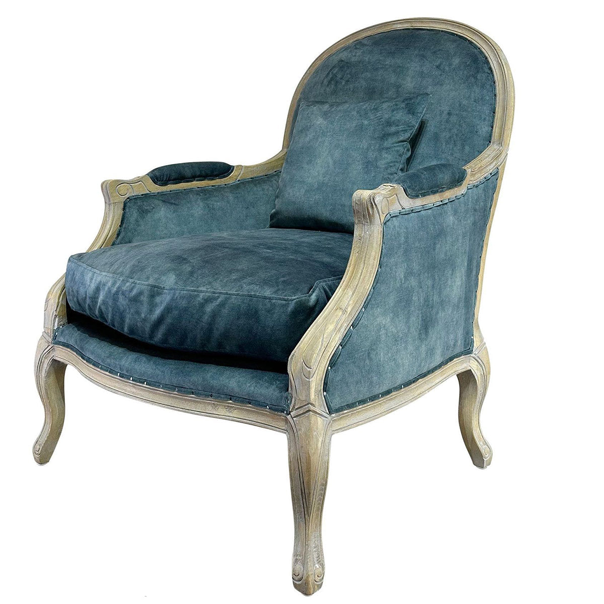 A classic French-style armchair with deep blue velvet upholstery and a distressed light beige wood frame, shown on a plain white background with a product code text overlay at the bottom left.