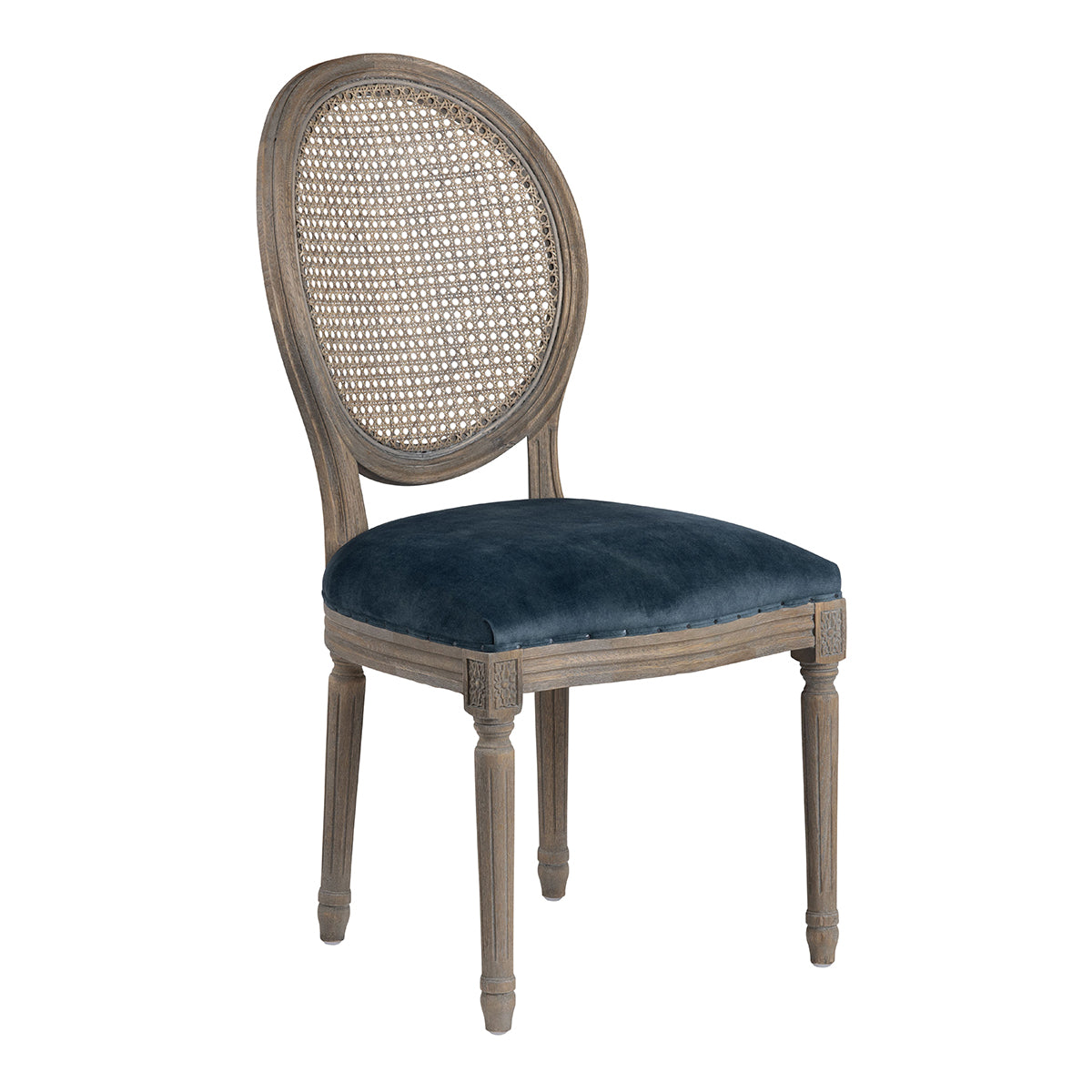 Chair with wicker back and blue cushion on a white background