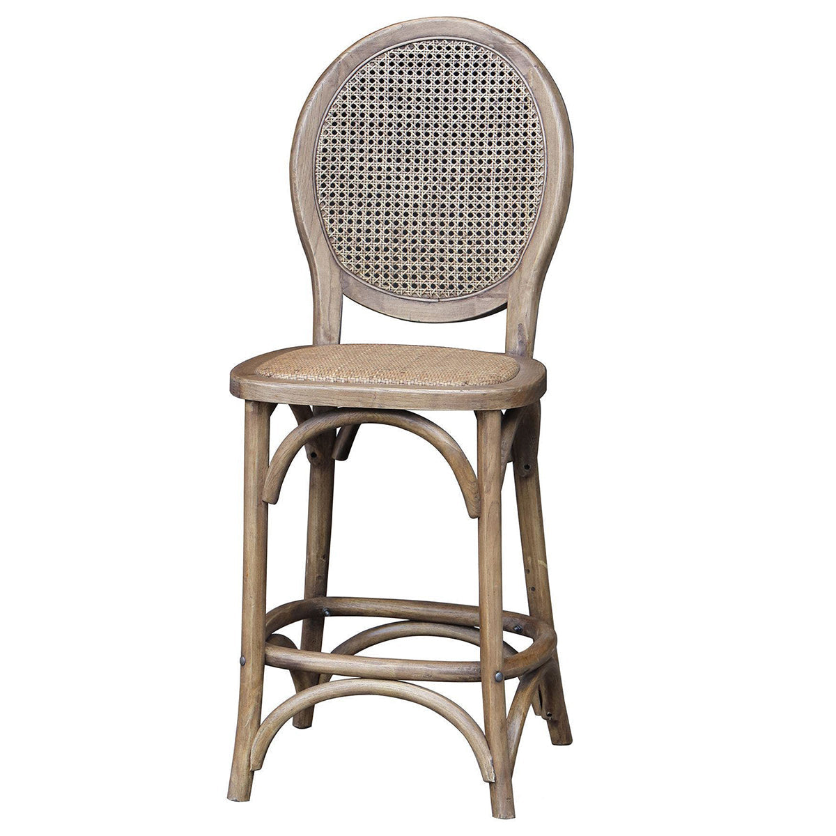 A rustic-style counter stool with a curved wooden frame, woven cane backrest, and a round woven seat, shown on a plain white background with a model number overlay in the bottom right corner.