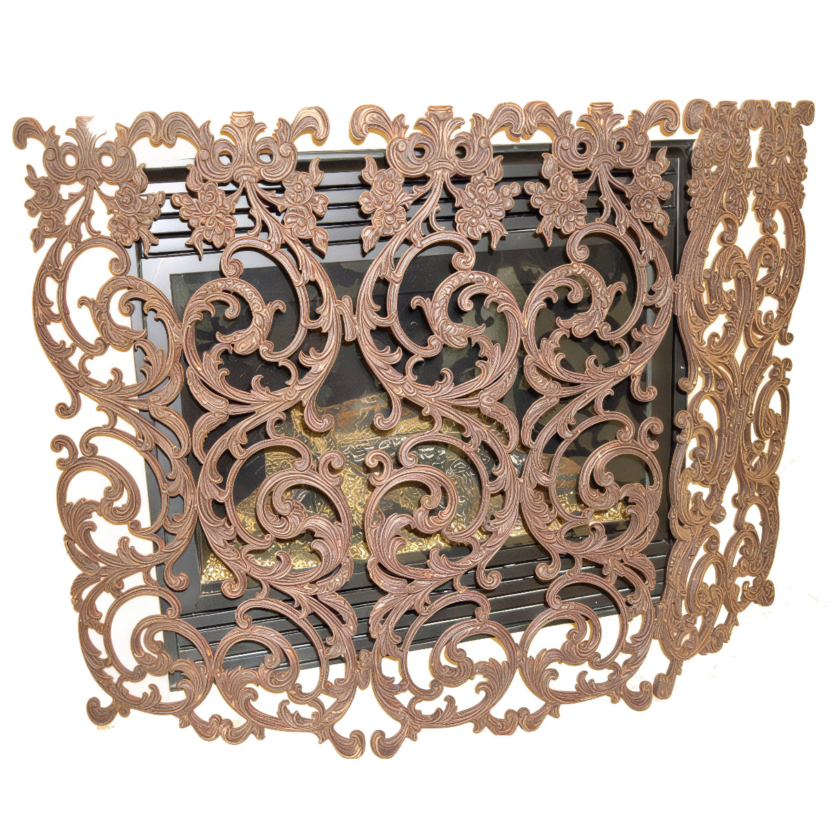 Decorative bronze grille with intricate patterns on a white background
