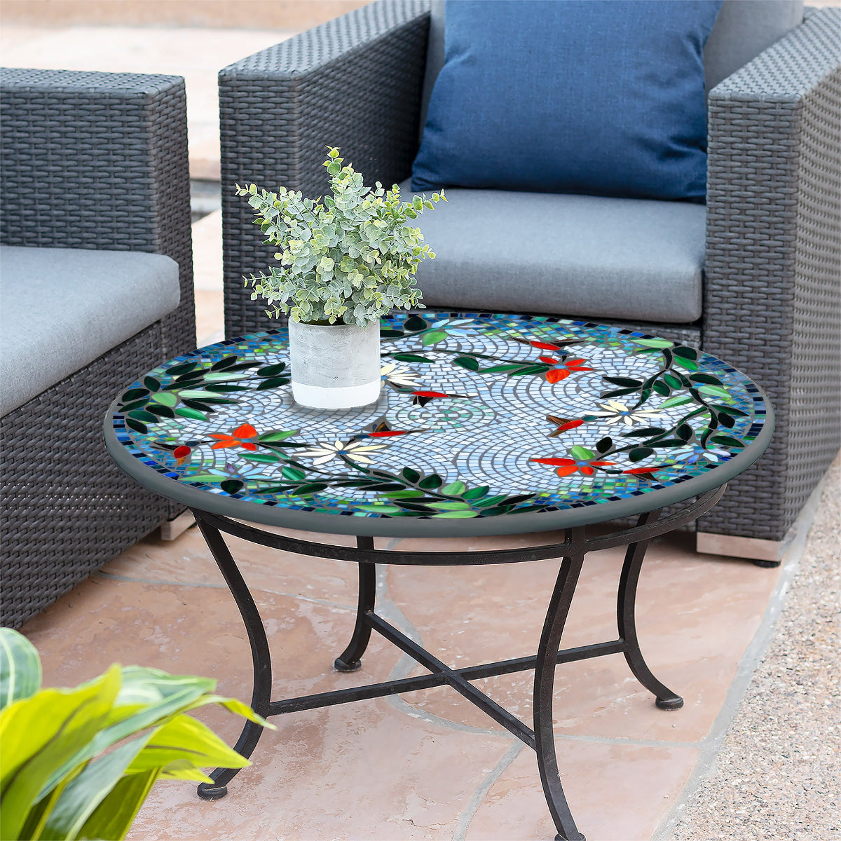 Blue Sky Hummingbird Mosaic Coffee Table - Round