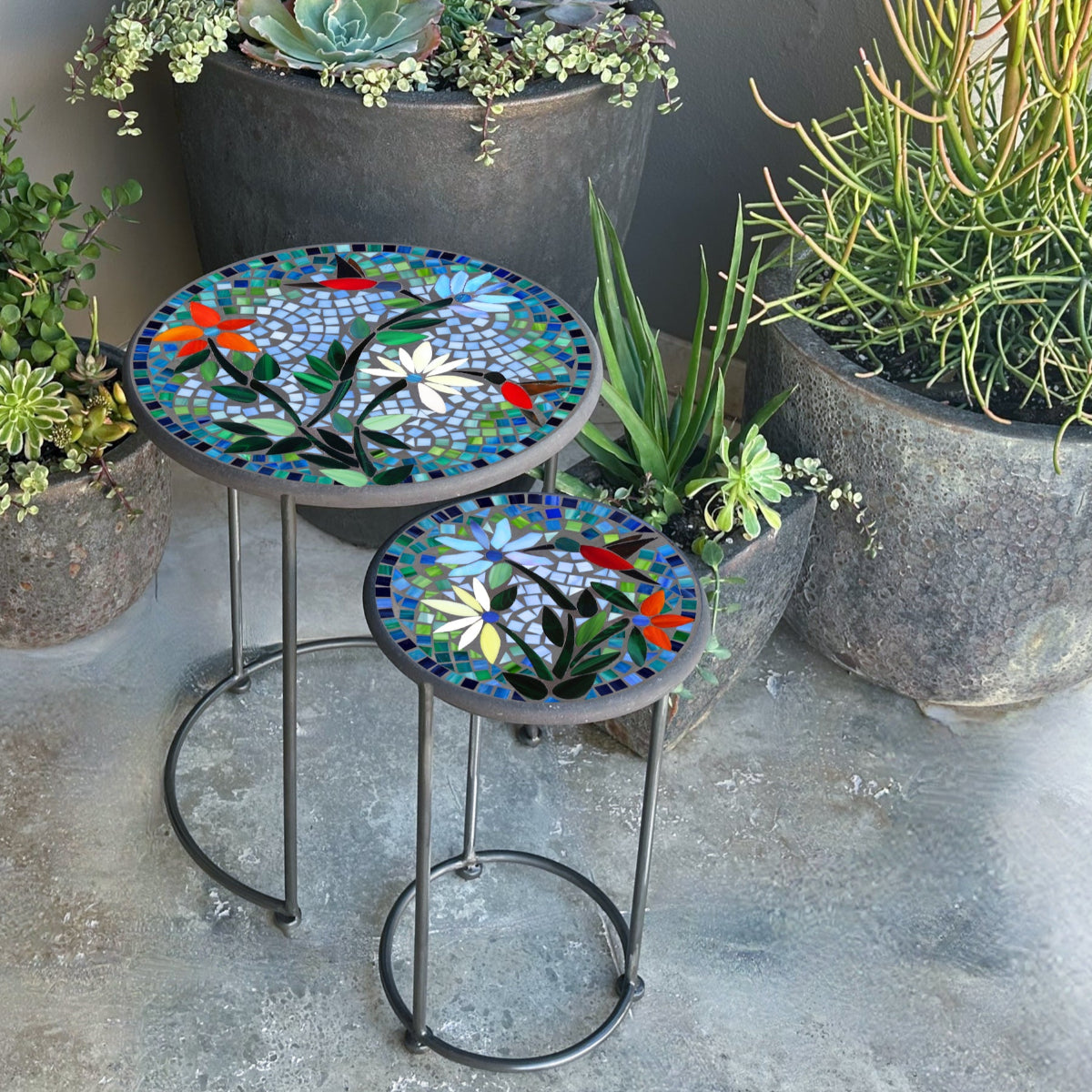 Blue Sky Hummingbird Mosaic Round Nesting Tables