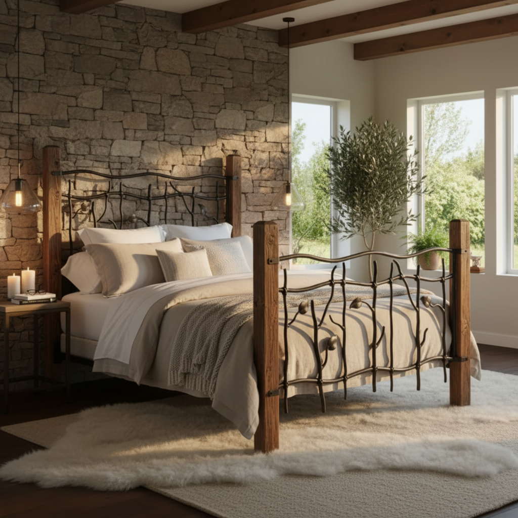 A rustic bedroom featuring a bed with a black wrought-iron leaf-style headboard and footboard, dressed in beige and white linens. The room has warm wood-paneled walls, wooden ceiling beams, a large landscape painting, and large windows looking out to a forest and mountains.