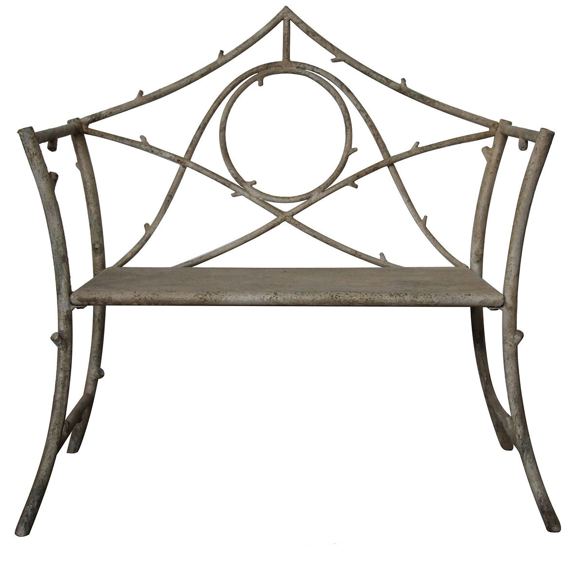 A rustic metal garden bench with a weathered gray-brown finish, featuring a decorative leafy branch backrest and a slatted seat, shown against a plain white background with a product code and dimensions printed below.