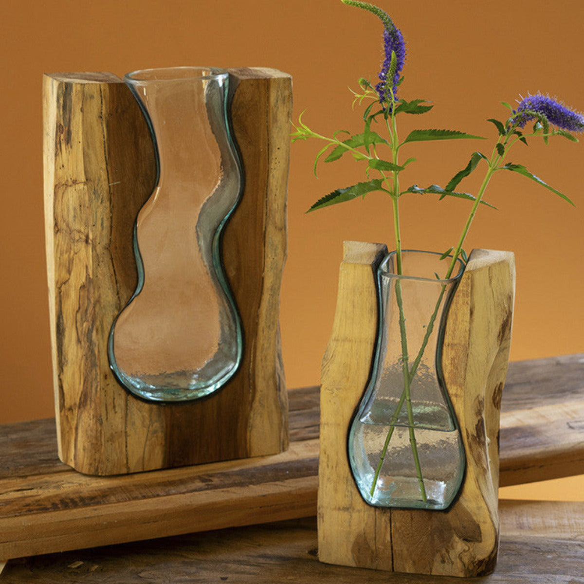 Teak Wood Framed Blown Glass Vases