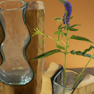 Teak Wood Framed Blown Glass Vases