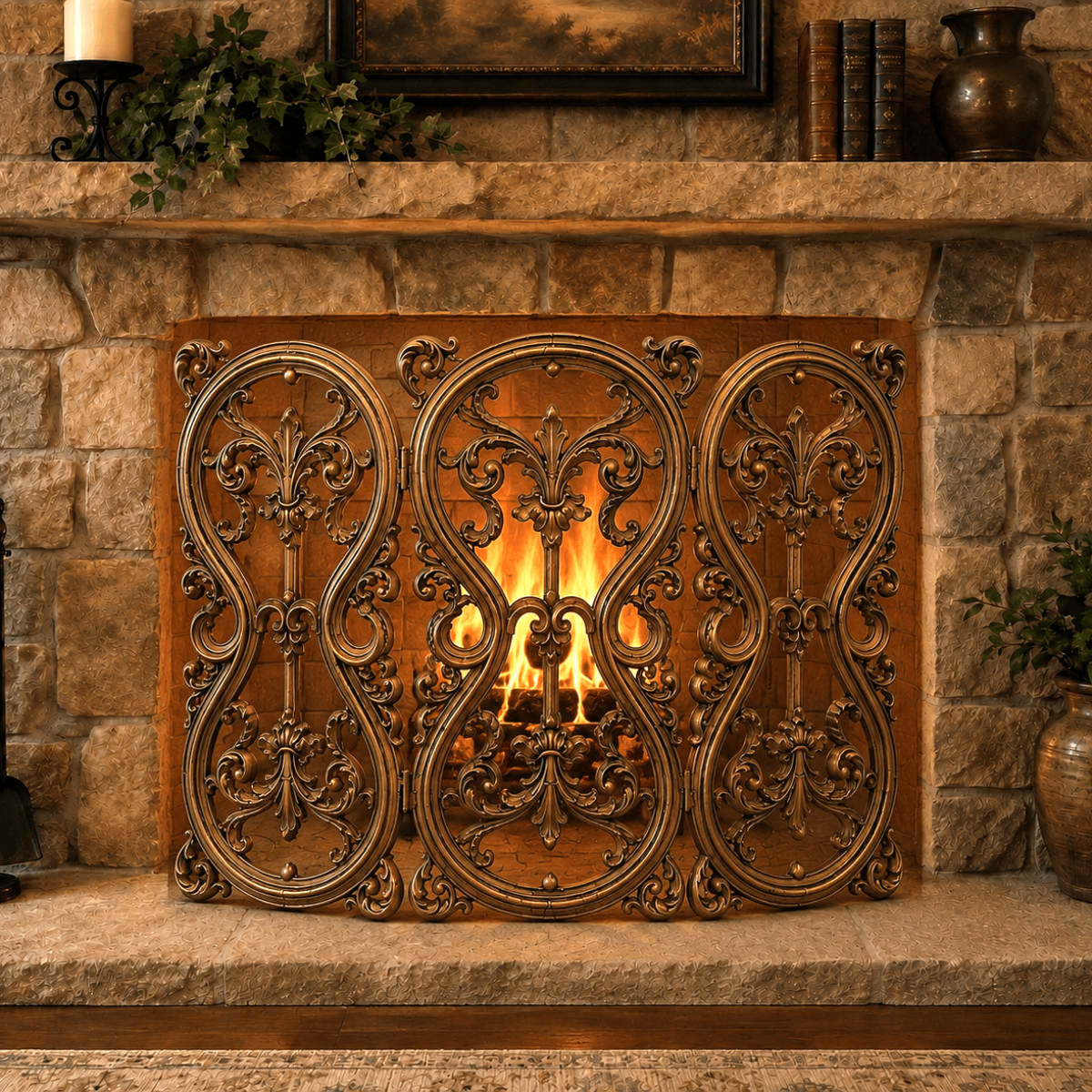 An ornate bronze fireplace screen with intricate scrollwork, shown in front of a stone fireplace with a burning fire.