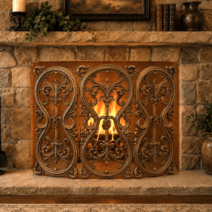 An ornate bronze fireplace screen with intricate scrollwork, shown in front of a stone fireplace with a burning fire.