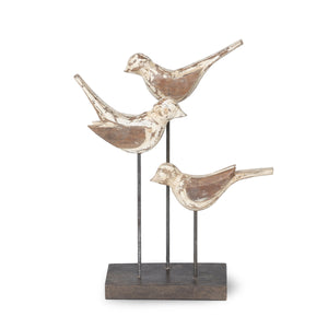 Carved Wood Songbird Trio On Stand