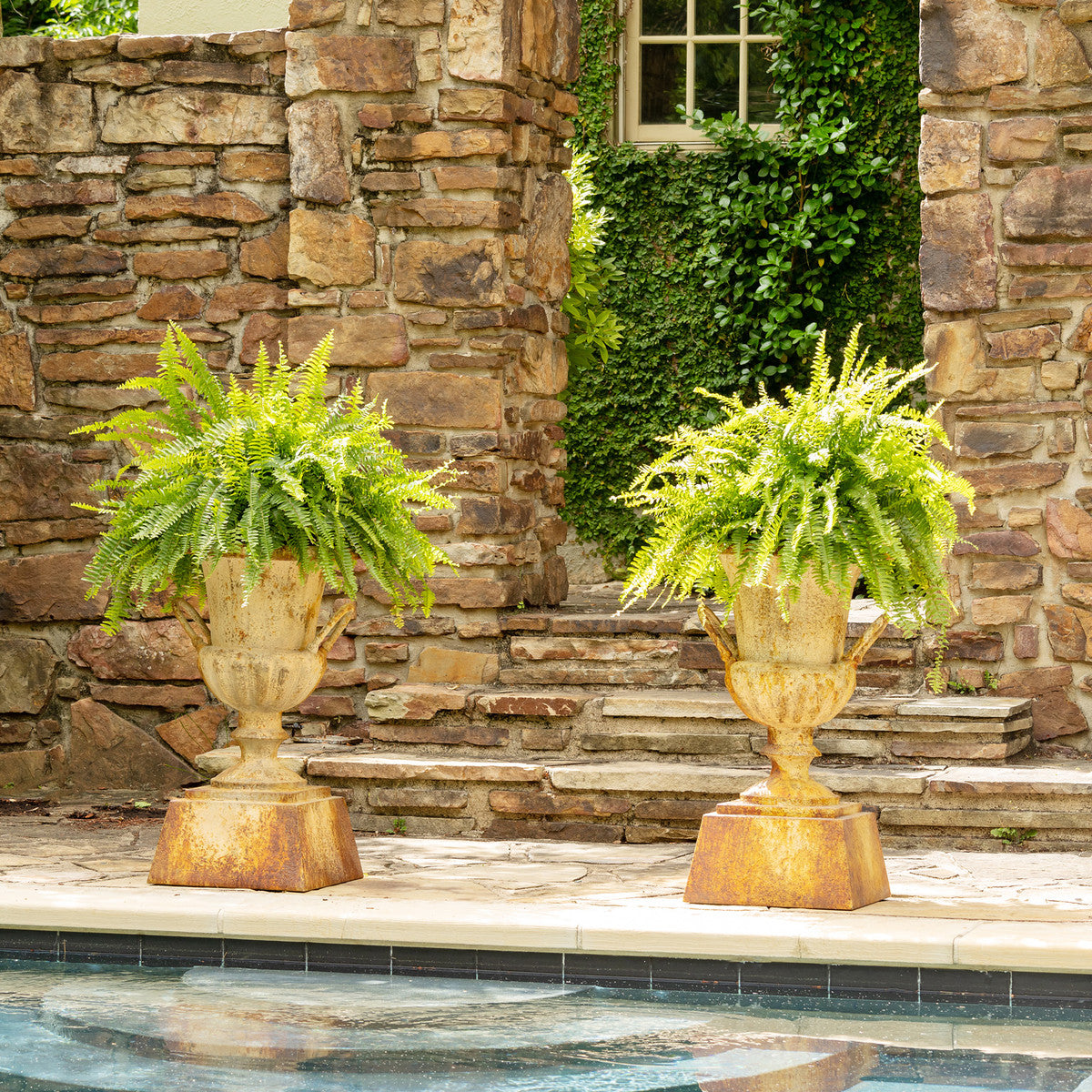 Fluted Metal Urn w/Pedestal - Iron Accents