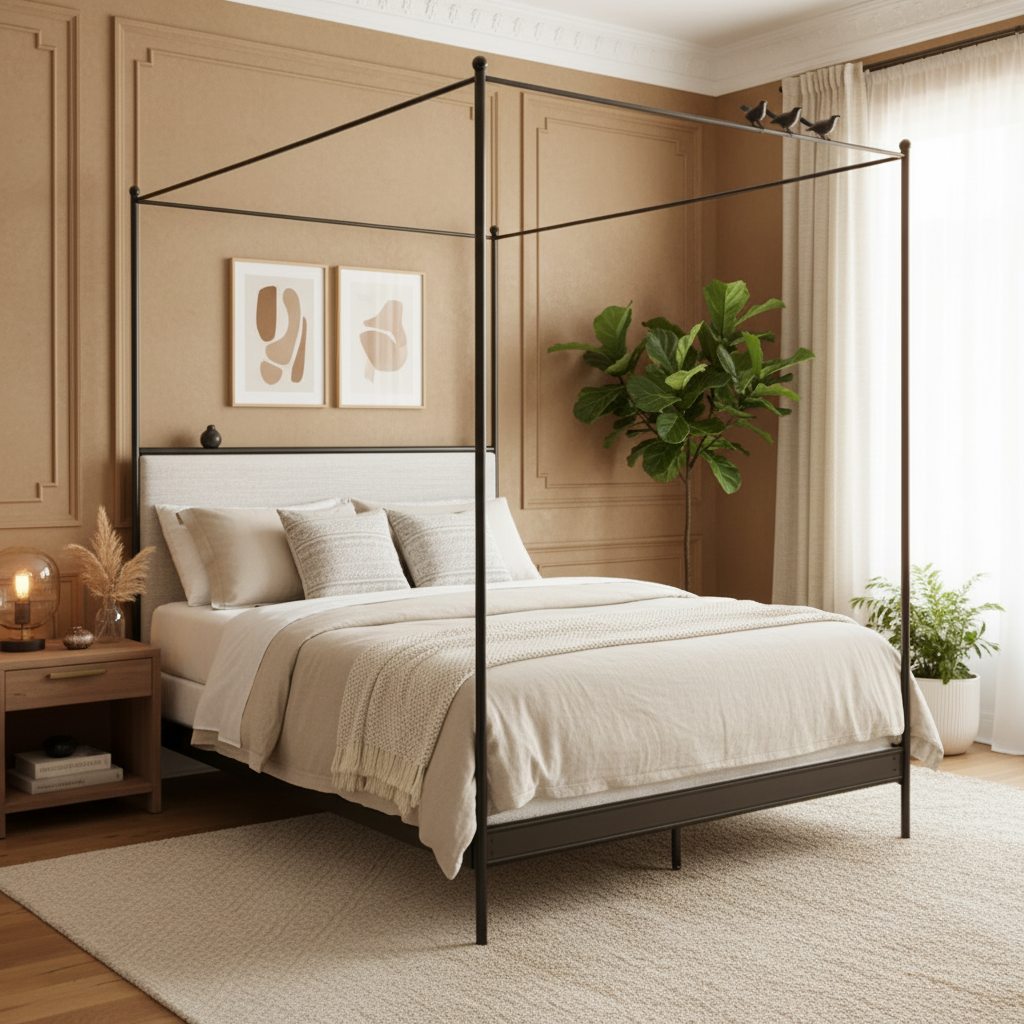 A four-poster canopy bed with a black metal frame and a white upholstered headboard, styled in a warm beige bedroom with neutral bedding, plants, and wood-paneled walls.