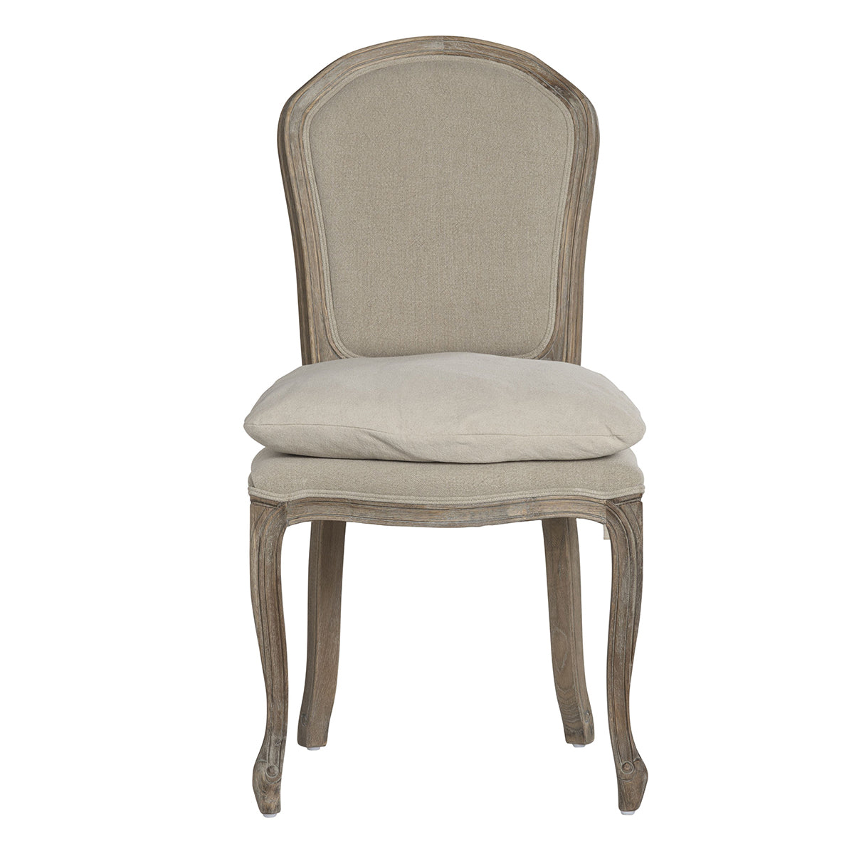 Beige upholstered chair with wooden frame on a white background
