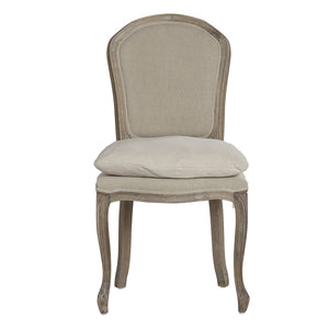 Beige upholstered chair with wooden frame on a white background