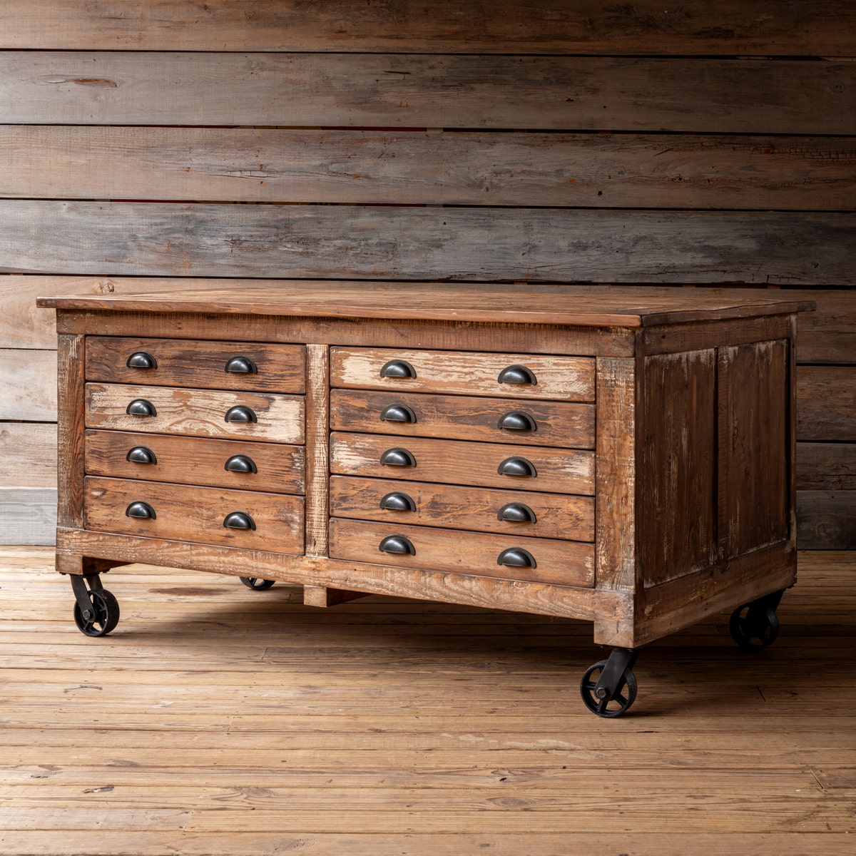 Foundry rolling worktable used as a kitchen island