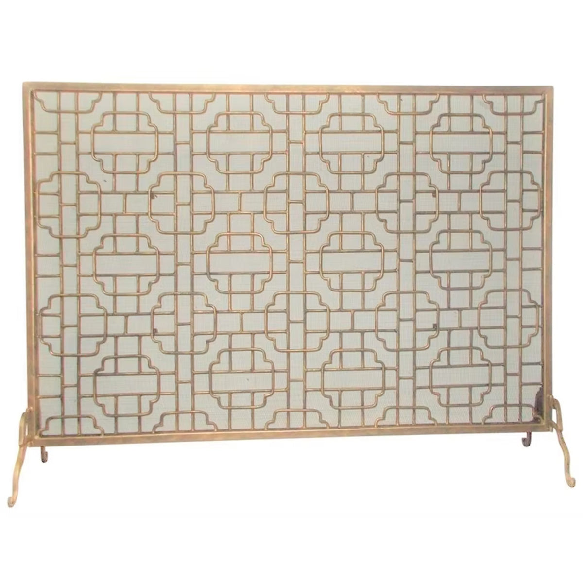 Decorative metal screen with intricate lattice design on a white background