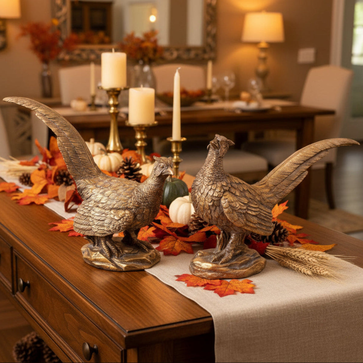Two metallic pheasant figurines with a weathered bronze finish, displayed on a dining table runner surrounded by autumn leaves, pumpkins, and candles in a warm, decorated dining room.
