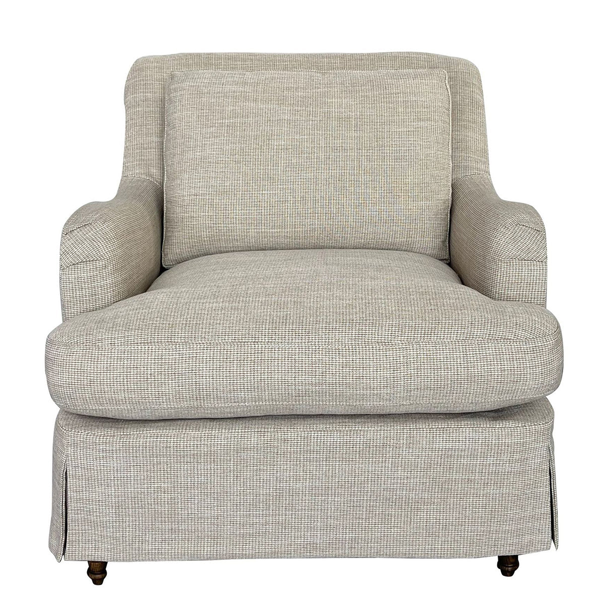 A single upholstered armchair with a textured woven fabric in a light beige-gray color, featuring a high back, rolled arms, and a skirted base on dark wooden legs, shown against a plain white background.