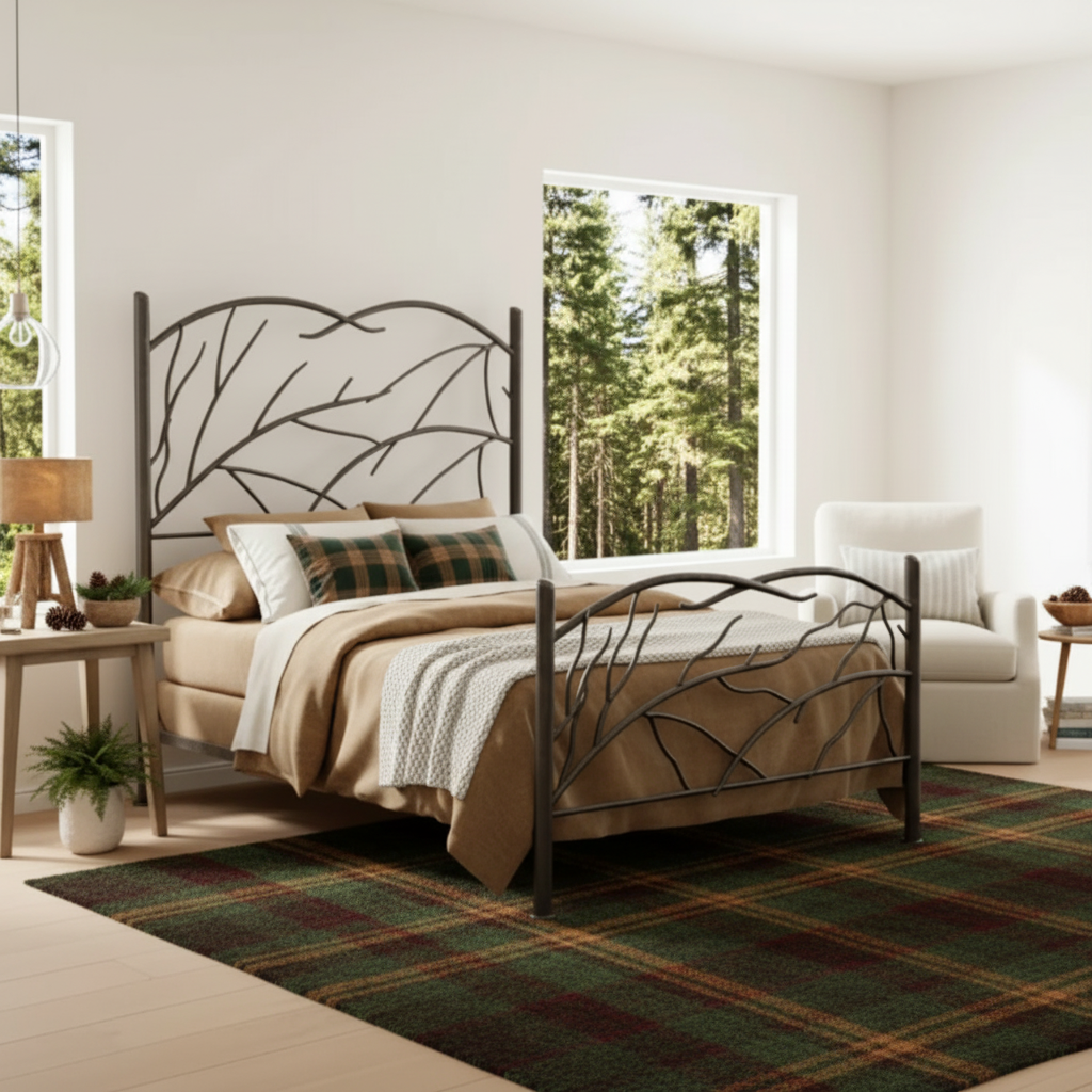 A wrought iron bed frame with a design that resembles windblown tree limbs, with a beige bedsheet on it.