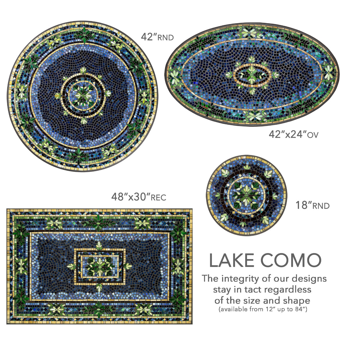 Sizing guide for the KNF Lake Como Mosaic table tops