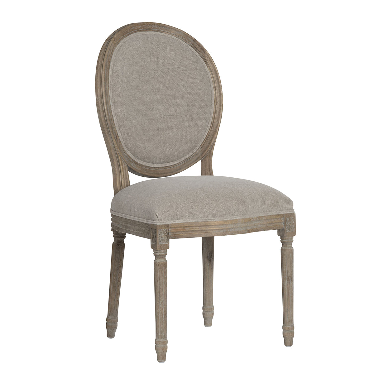 Beige upholstered chair with wooden frame on a white background