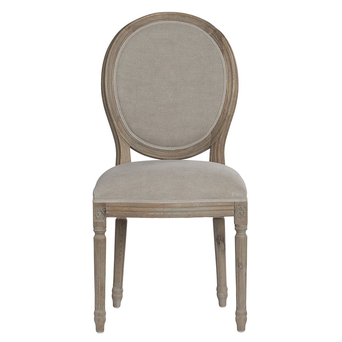 An oval-back dining chair with a distressed gray-brown wood frame and light beige upholstered seat and back cushion, shown against a plain white background.