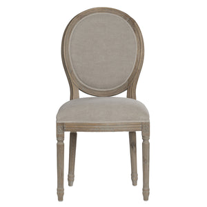 An oval-back dining chair with a distressed gray-brown wood frame and light beige upholstered seat and back cushion, shown against a plain white background.