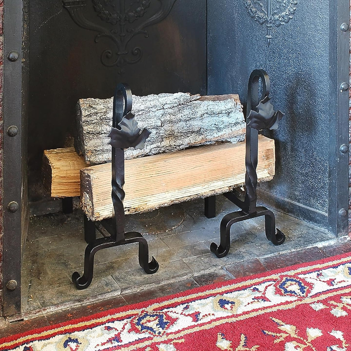 Maple Leaf Cast Iron Andirons – Black Wrought Iron 