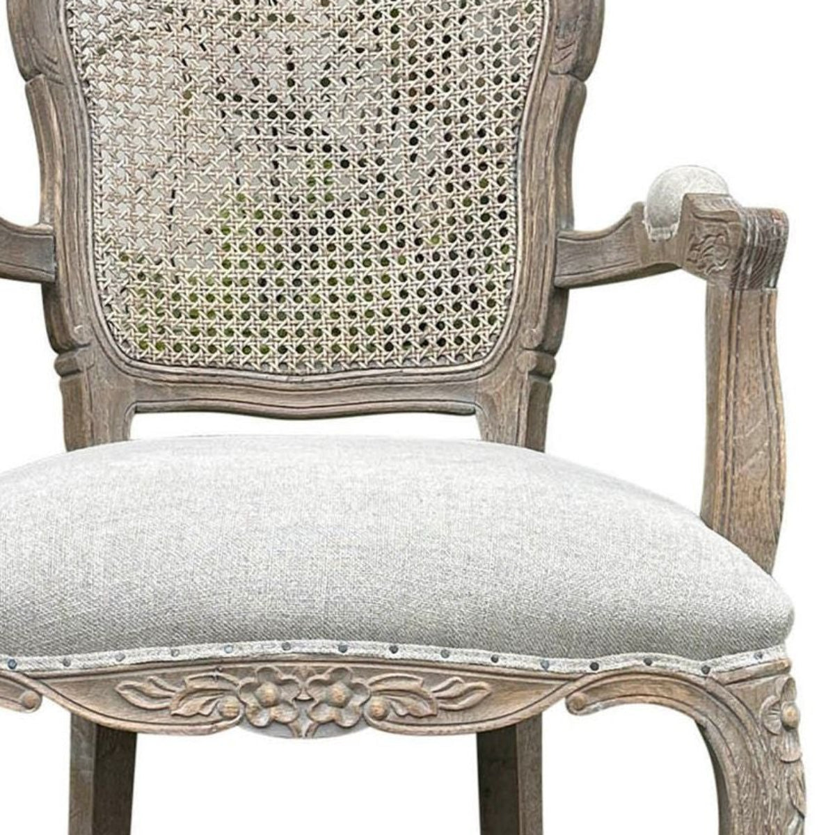 An ornate French-style dining chair with a distressed gray wood frame, woven cane backrest, and light beige upholstered seat cushion, shown on a white background with a model number text overlay at the bottom.