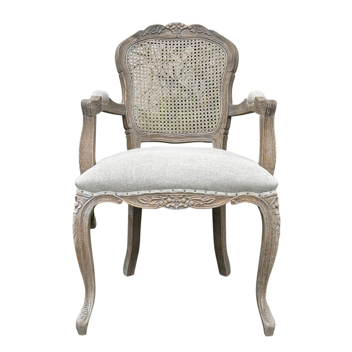 An ornate French-style dining chair with a distressed gray wood frame, woven cane backrest, and light beige upholstered seat cushion, shown on a white background with a model number text overlay at the bottom.