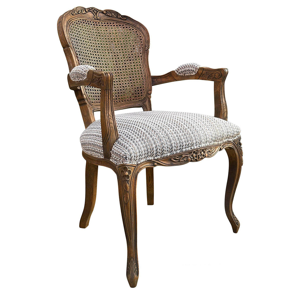 An ornate French-style dining armchair with carved dark brown wooden frames, a woven cane backrest, and a patterned beige and white upholstered seat and armrest cushions, shown on a white background with a model number in the bottom right corner.