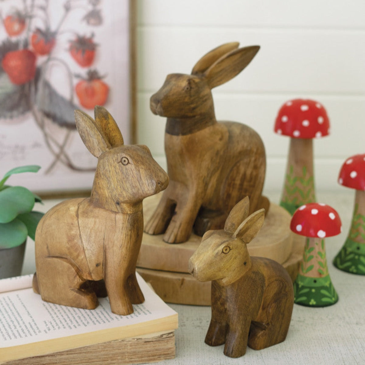 Rustic Wooden Rabbits - Iron Accents