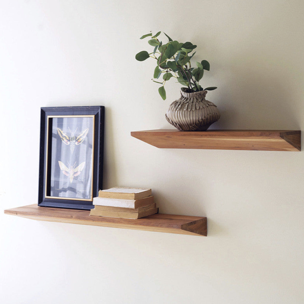 Set of 2 Floating Acacia Wood Shelves - Up, up, and away. These acacia wood shelves float on the walls. This set of two is perfect for displaying small treasures or necessities in a small space. -     Large: 36" x 8" x 3"t     Small: 24" x 8" x 3"t