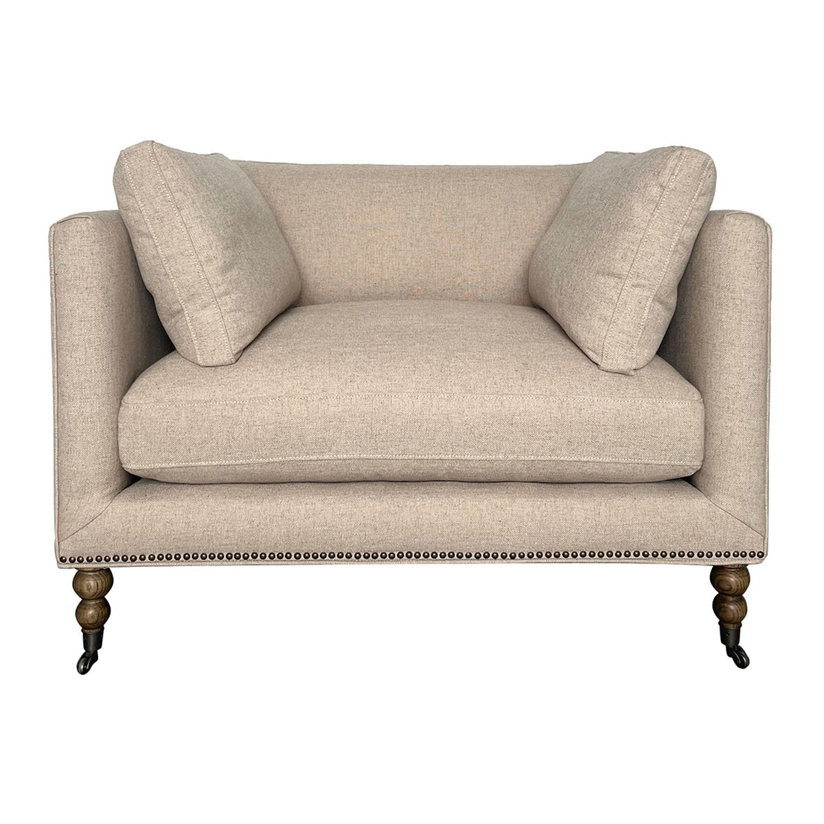 A light beige upholstered loveseat with two matching back cushions, dark wooden legs, and nailhead trim along the front, shown on a white background with a model number and dimensions below.