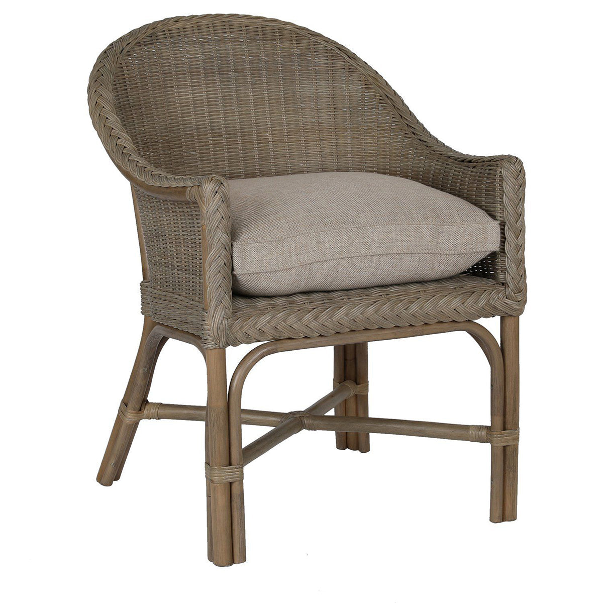 Wicker chair with a cushion on a white background