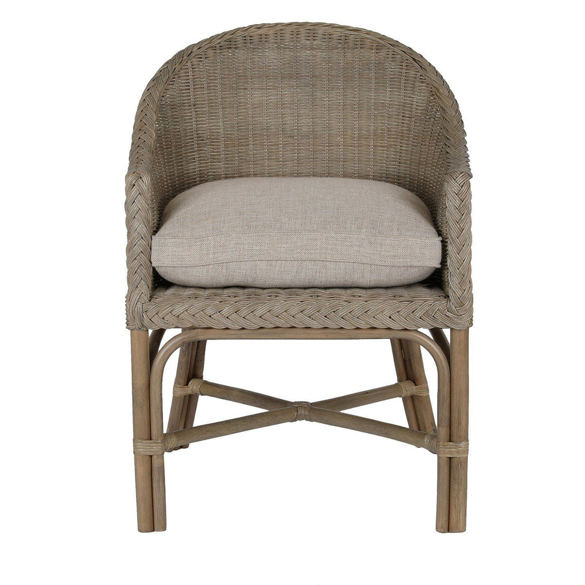 Woven chair with a cushion on a white background