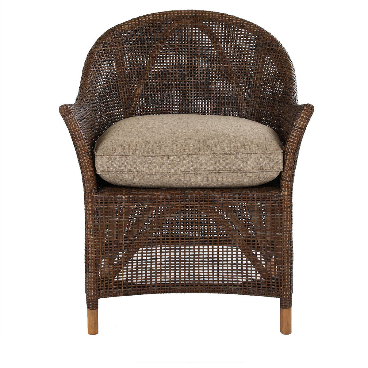 A brown woven wicker armchair with a curved backrest and a light beige cushion, shown against a plain white background with a product code and dimensions printed below.