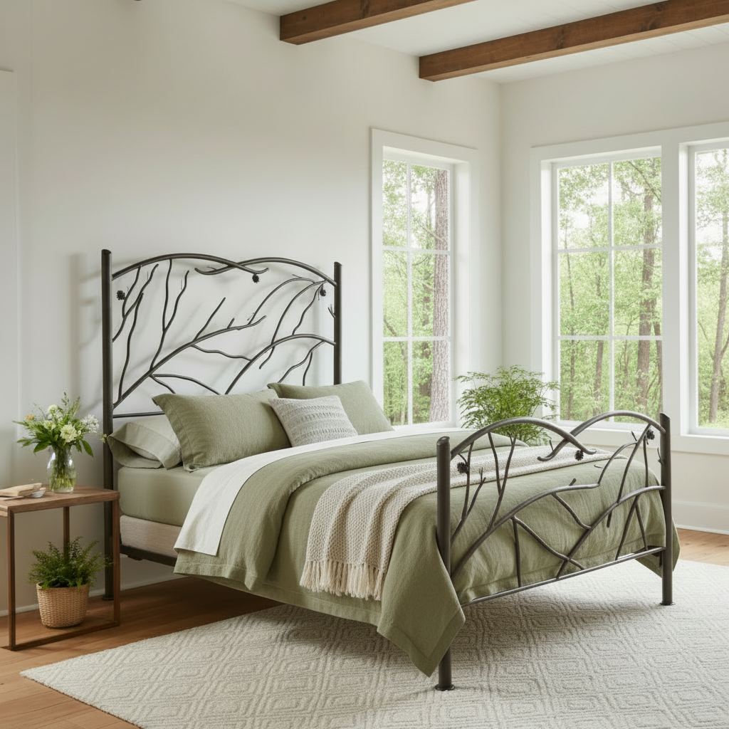 A wrought iron bed frame with a design that includes flowing branch motifs and pinecone accents, with a beige bedsheet on it.