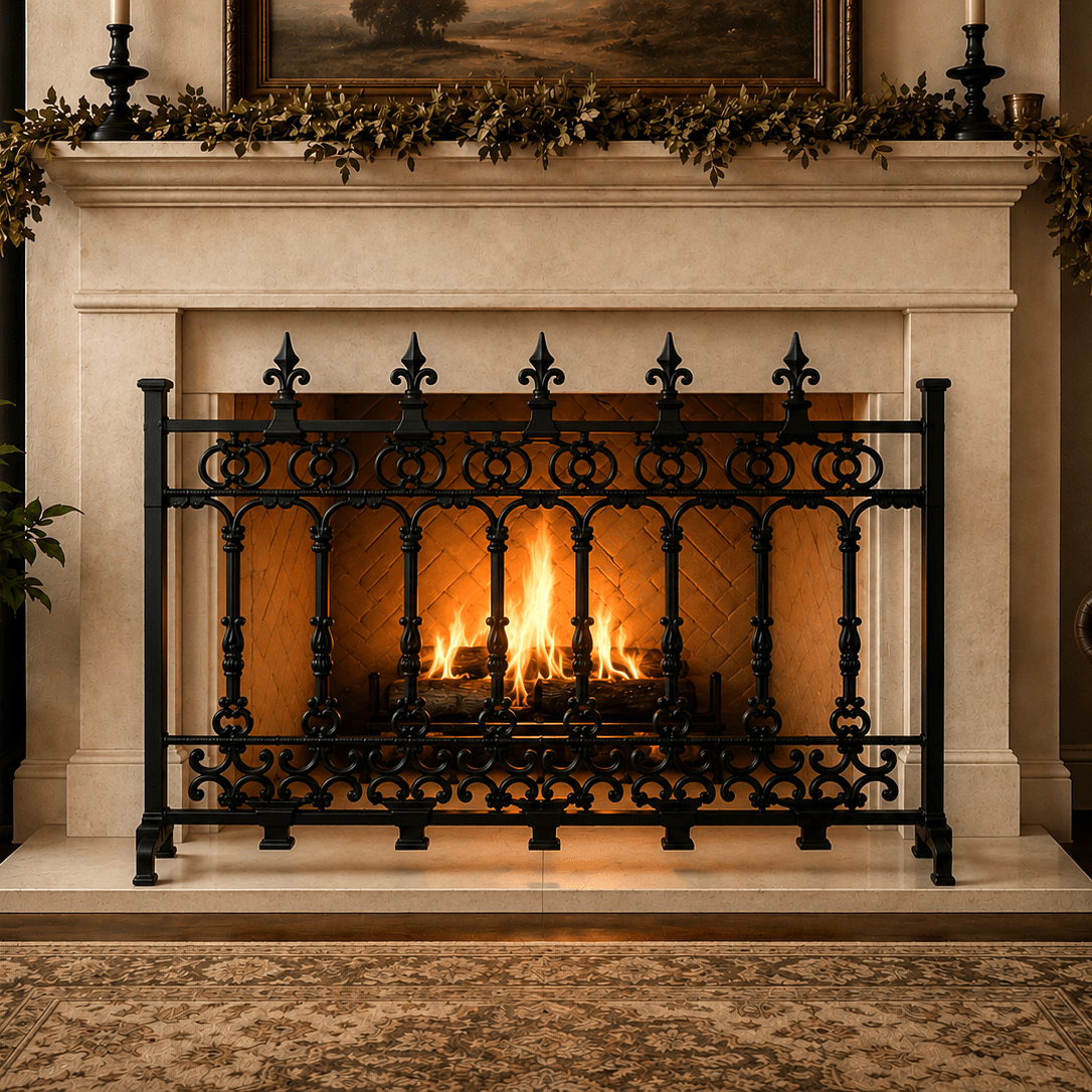 Decorative wrought iron fireplace screen with intricate designs.