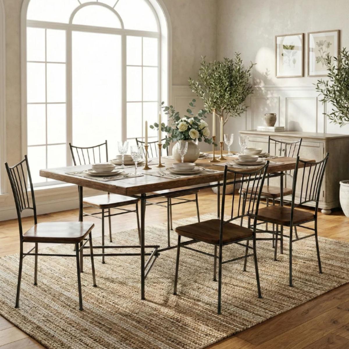 A rectangular wooden dining table with a rustic medium-brown wood top and a black metal frame with cross supports, shown on a white background within a web browser interface.