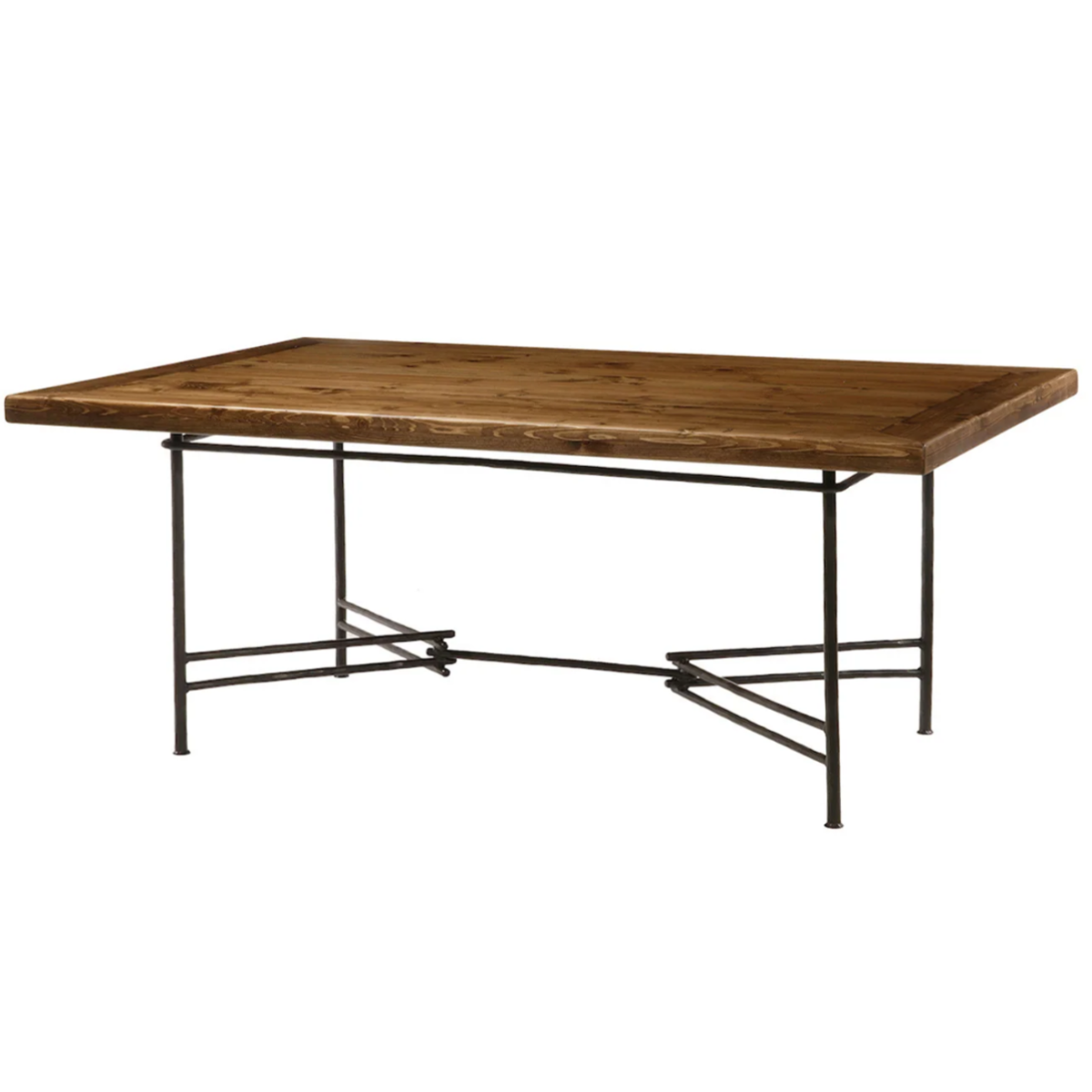 A rectangular wooden dining table with a rustic medium-brown wood top and a black metal frame with cross supports, shown on a white background within a web browser interface.