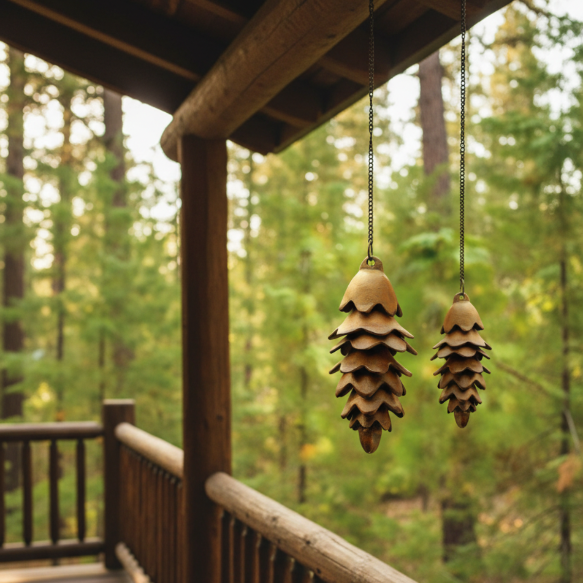 Bronze pinecone ornaments hanging outdoors on a chain