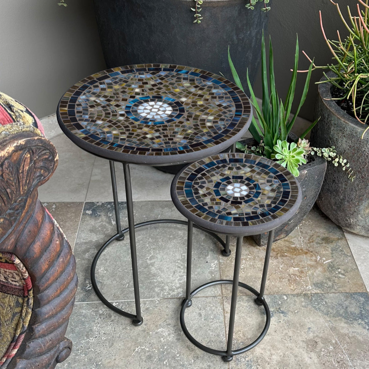 Slate Glass Mosaic Round Nesting Tables