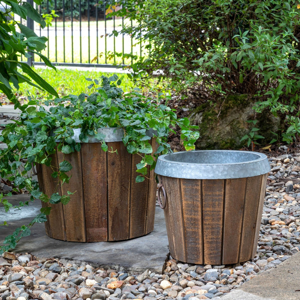 Tin & Timber Planter Set – Rustic Fir Wood & Galvanized Tin Buckets